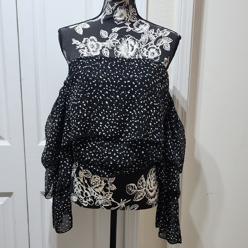 Bebe Black and White Polka Dot Off-Shoulder Top S